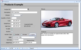 The Access Auto Auctions Products form, which allows data entry for all vehicles and parts sold or auctioned